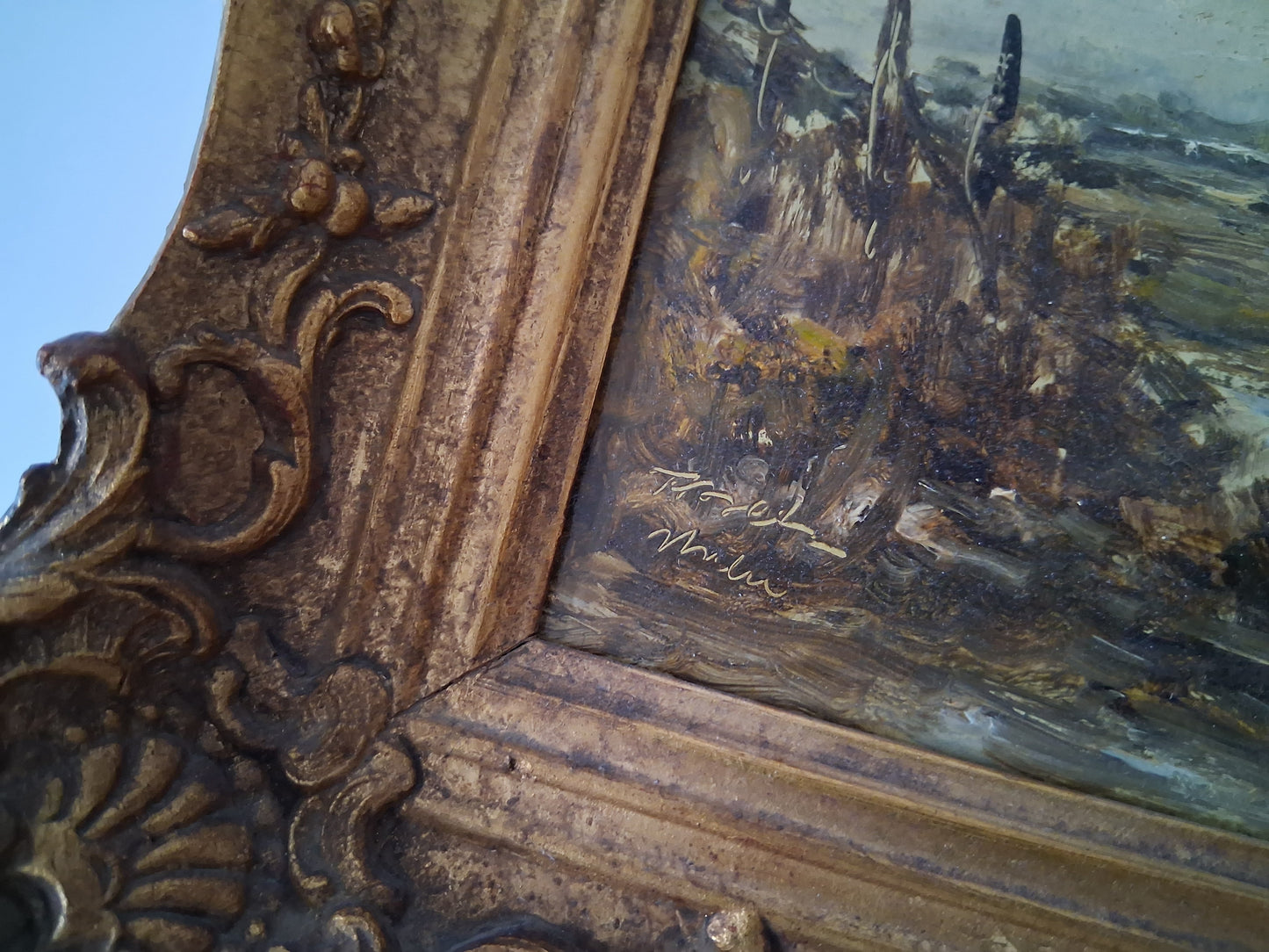 ORIGINAL Ölgemälde auf Holzplatte inkl. antikem Rahmen | Fluss / Landschaft / Windmühle | Signiert