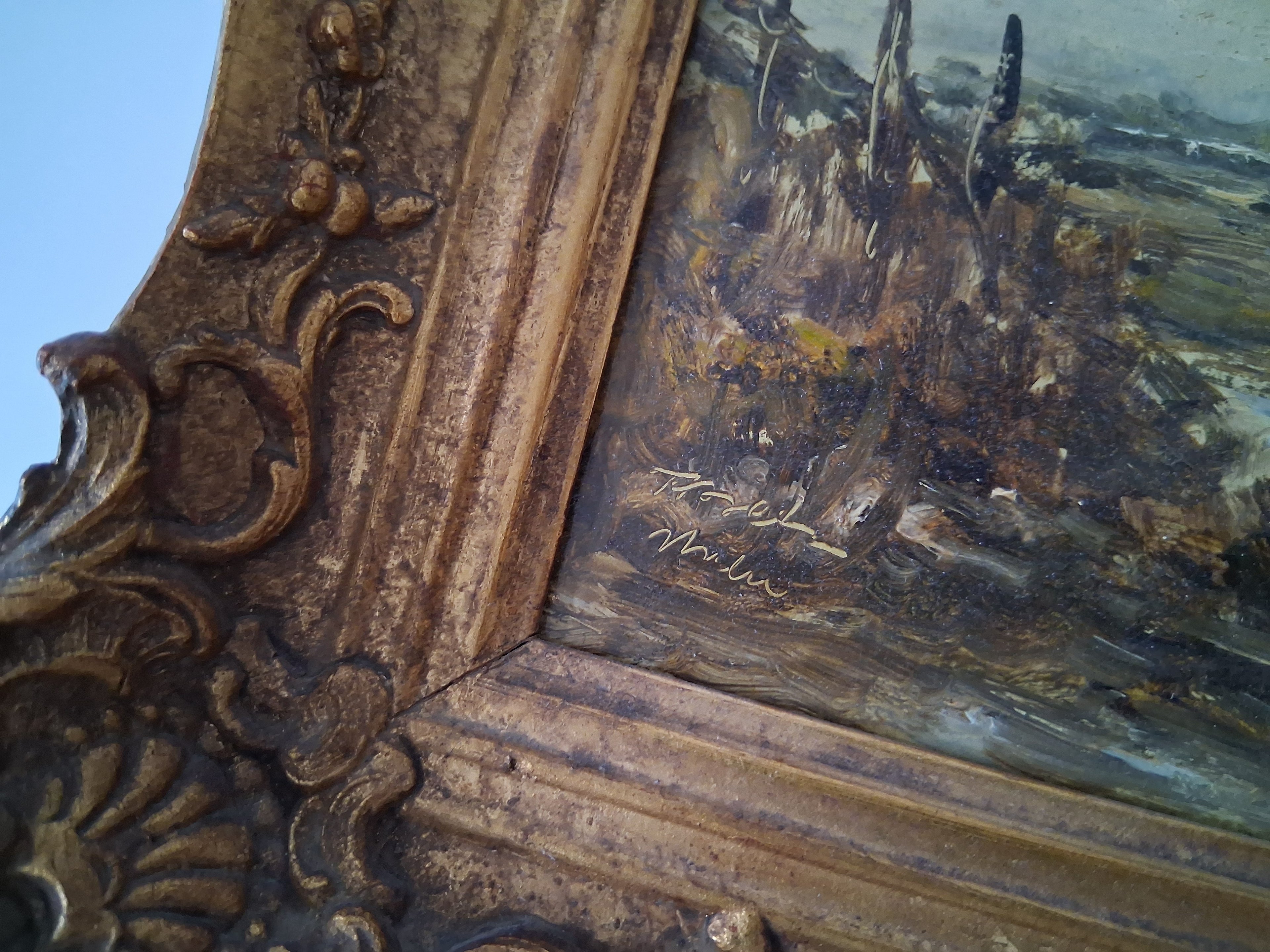 ORIGINAL Ölgemälde auf Holzplatte inkl. antikem Rahmen | Fluss / Landschaft / Windmühle | Signiert