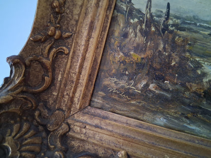 ORIGINAL Ölgemälde auf Holzplatte inkl. antikem Rahmen | Fluss / Landschaft / Windmühle | Signiert