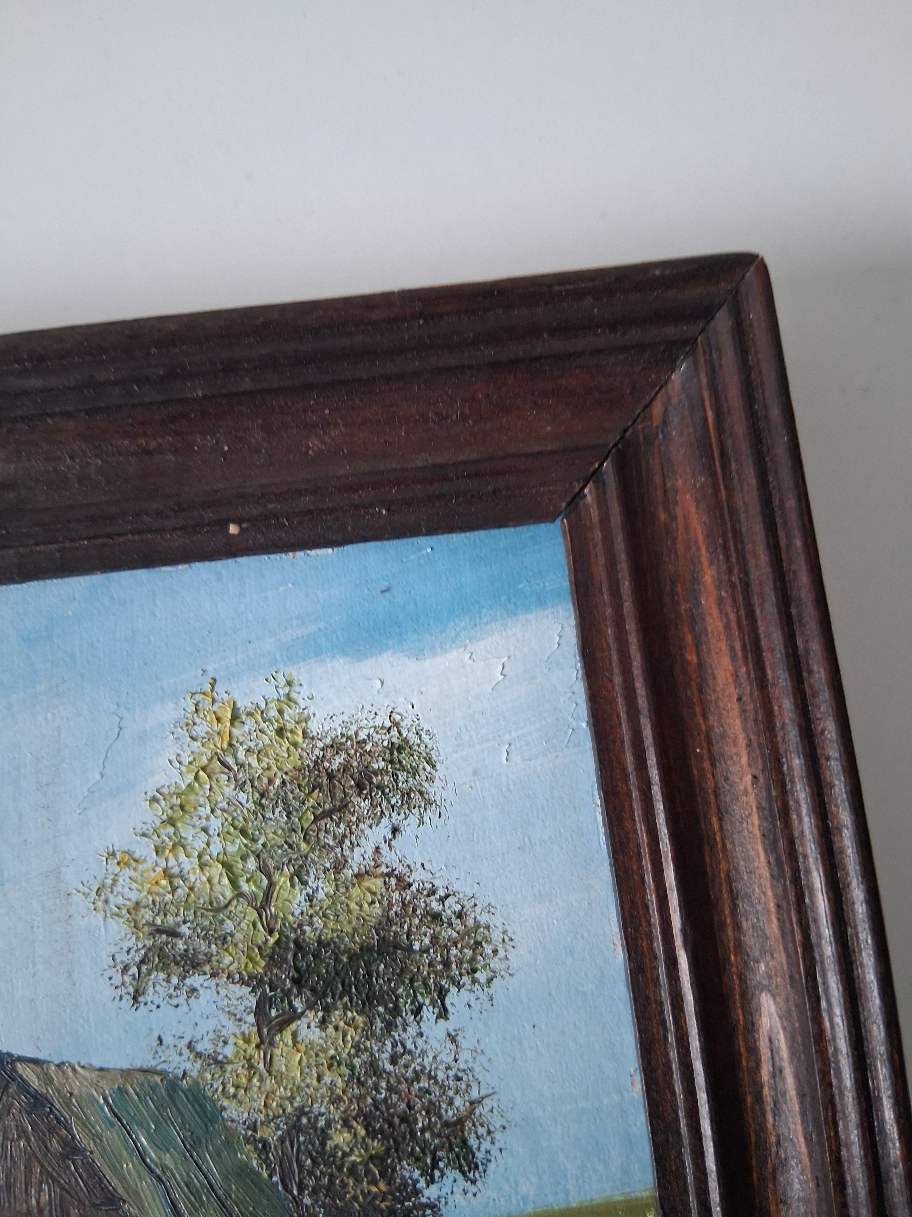 KLEINES ORIGINAL Ölgemälde auf Karton | Bauernhaus / Landschaft / Natur | 11x13 cm | Vintage