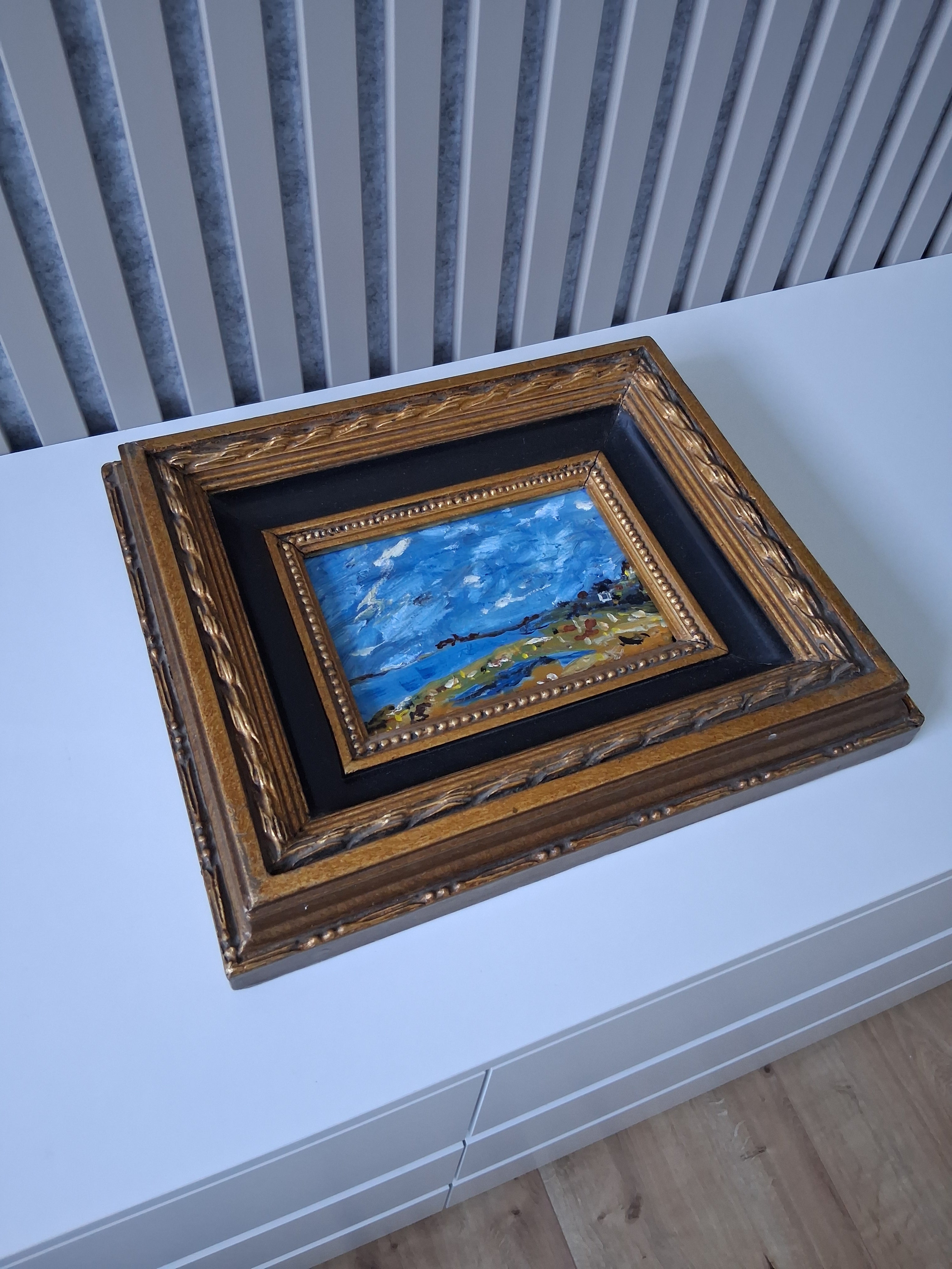 ORIGINAL Ölgemälde auf Karton inkl. Massivrahmen | Expressionistische Küstenlandschaft | Signiert