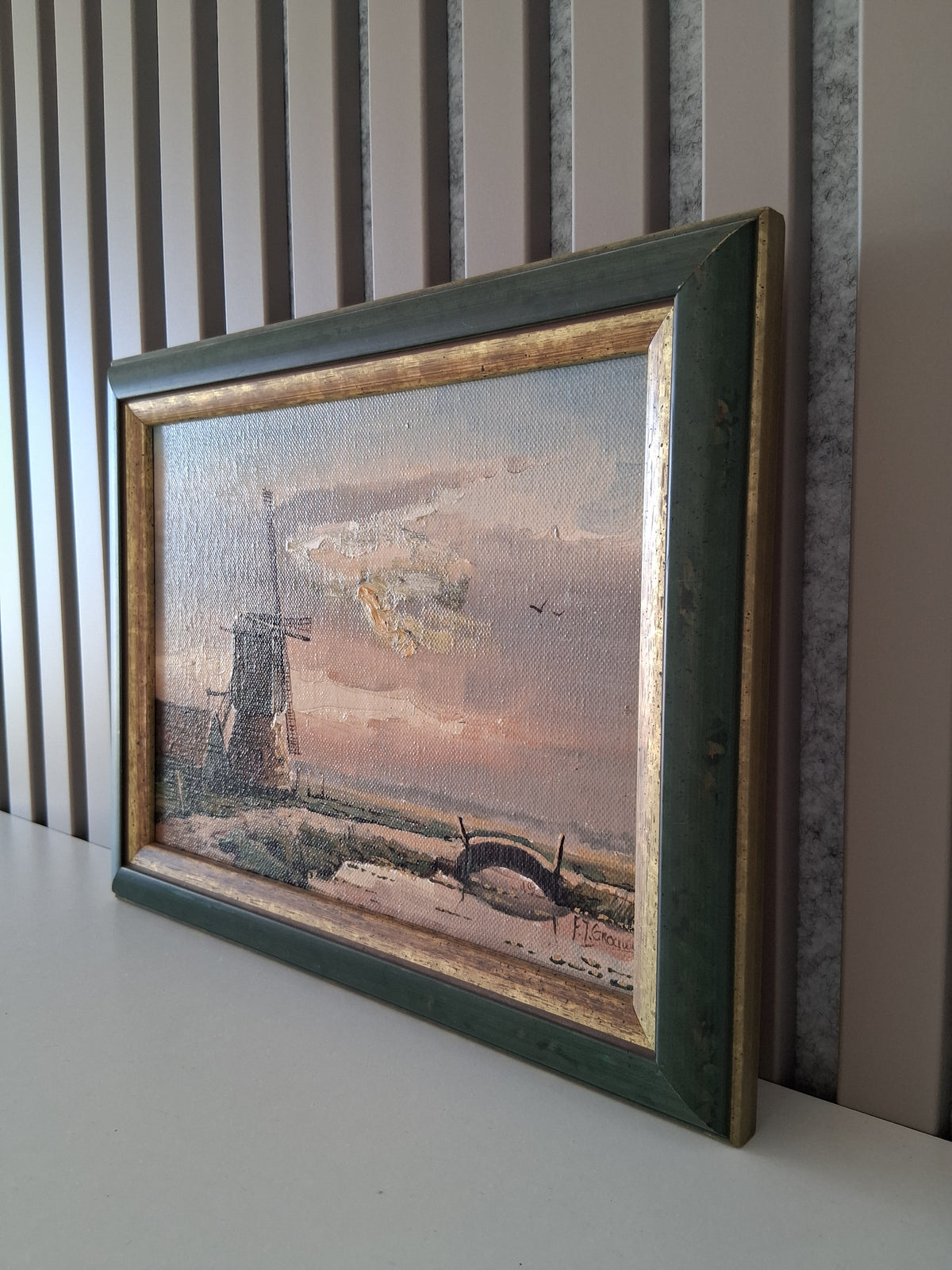 Altes Ölgemälde handgemalt mit Holzrahmen | Landschaft mit Windmühle | ORIGINAL & Signiert