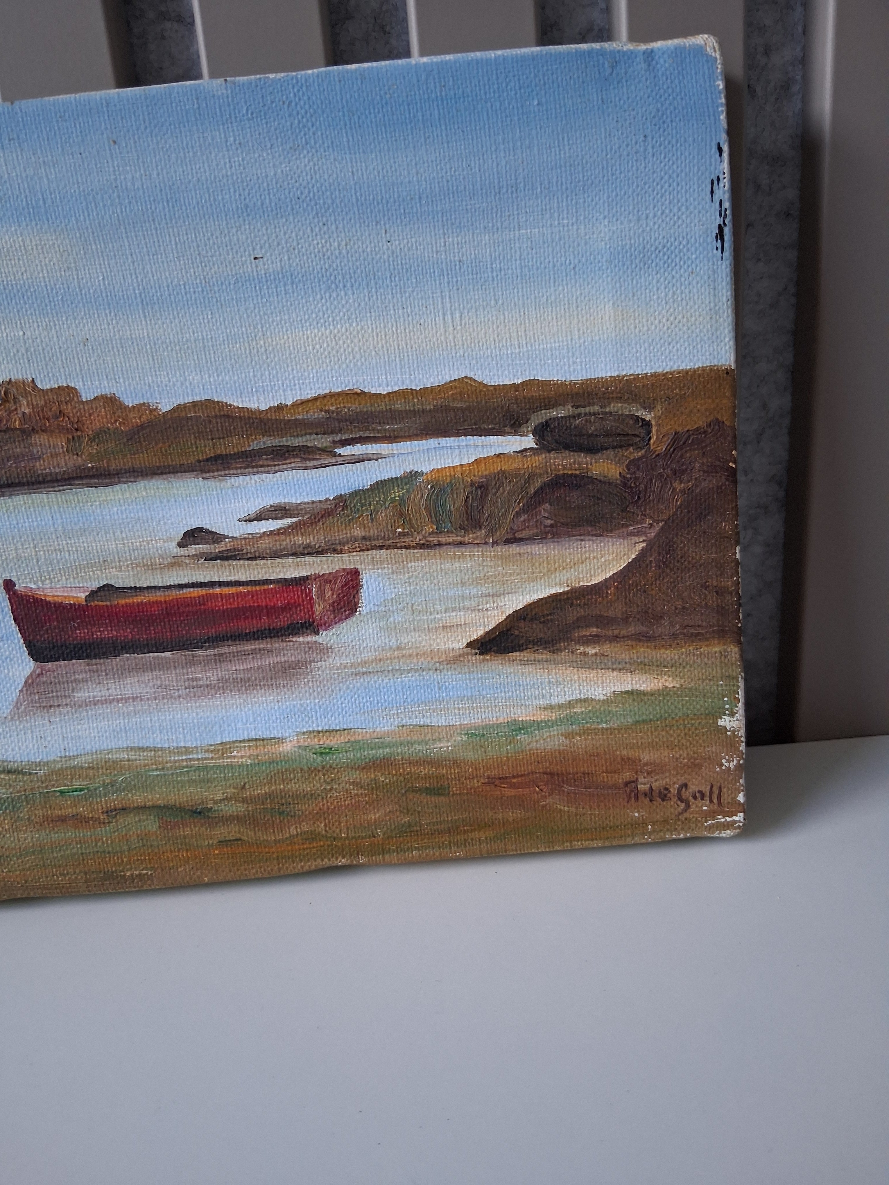 ORIGINAL Ölgemälde auf Leinwand | Bucht mit Fischerbooten in der Bretagne | 24x16 cm | Signiert