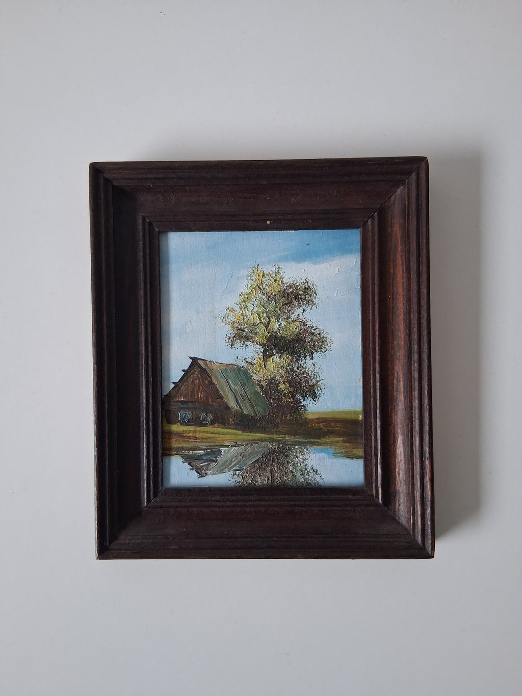 KLEINES ORIGINAL Ölgemälde auf Karton | Bauernhaus / Landschaft / Natur | 11x13 cm | Vintage