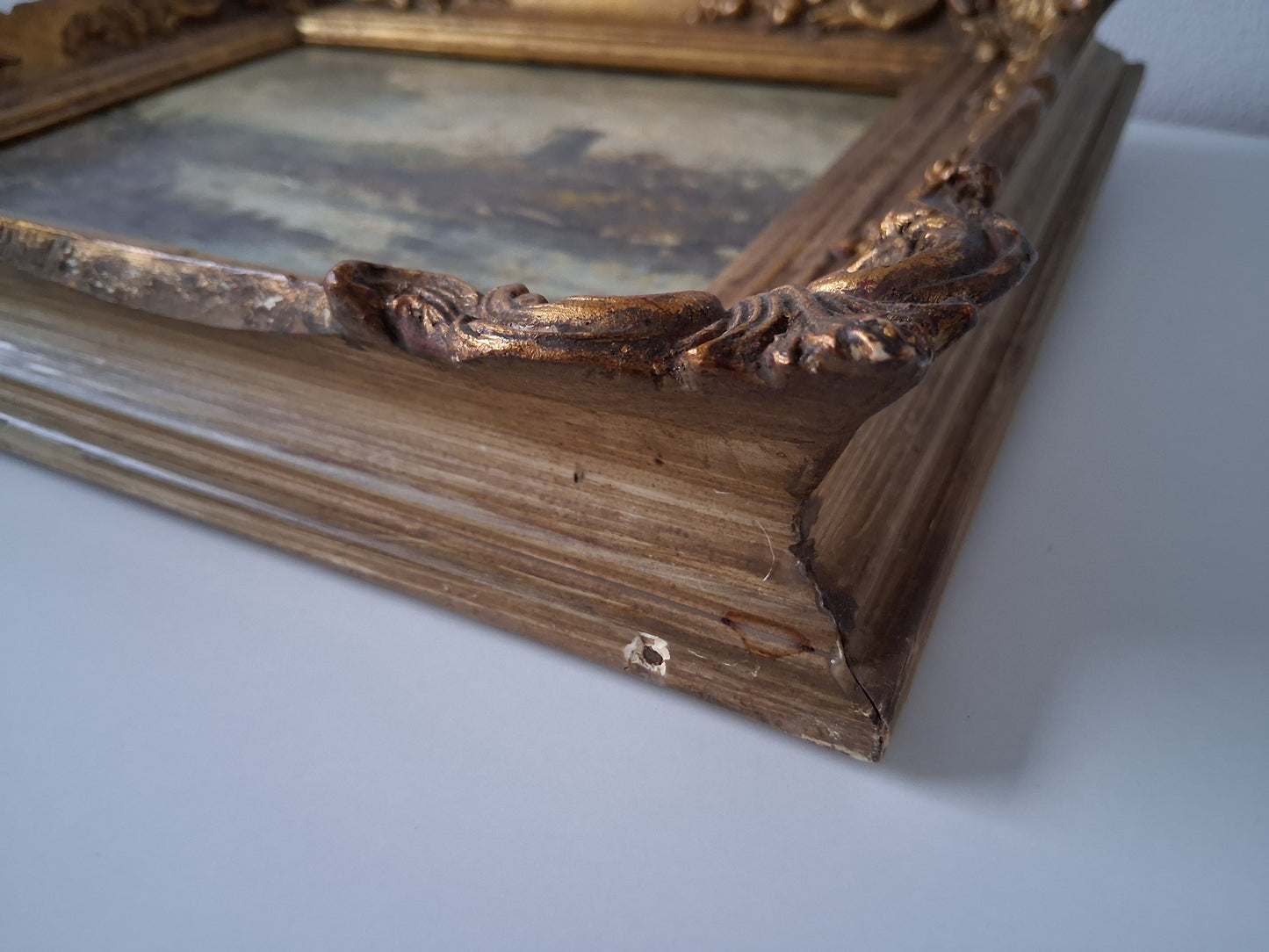 ORIGINAL Ölgemälde auf Holzplatte inkl. antikem Rahmen | Fluss / Landschaft / Windmühle | Signiert