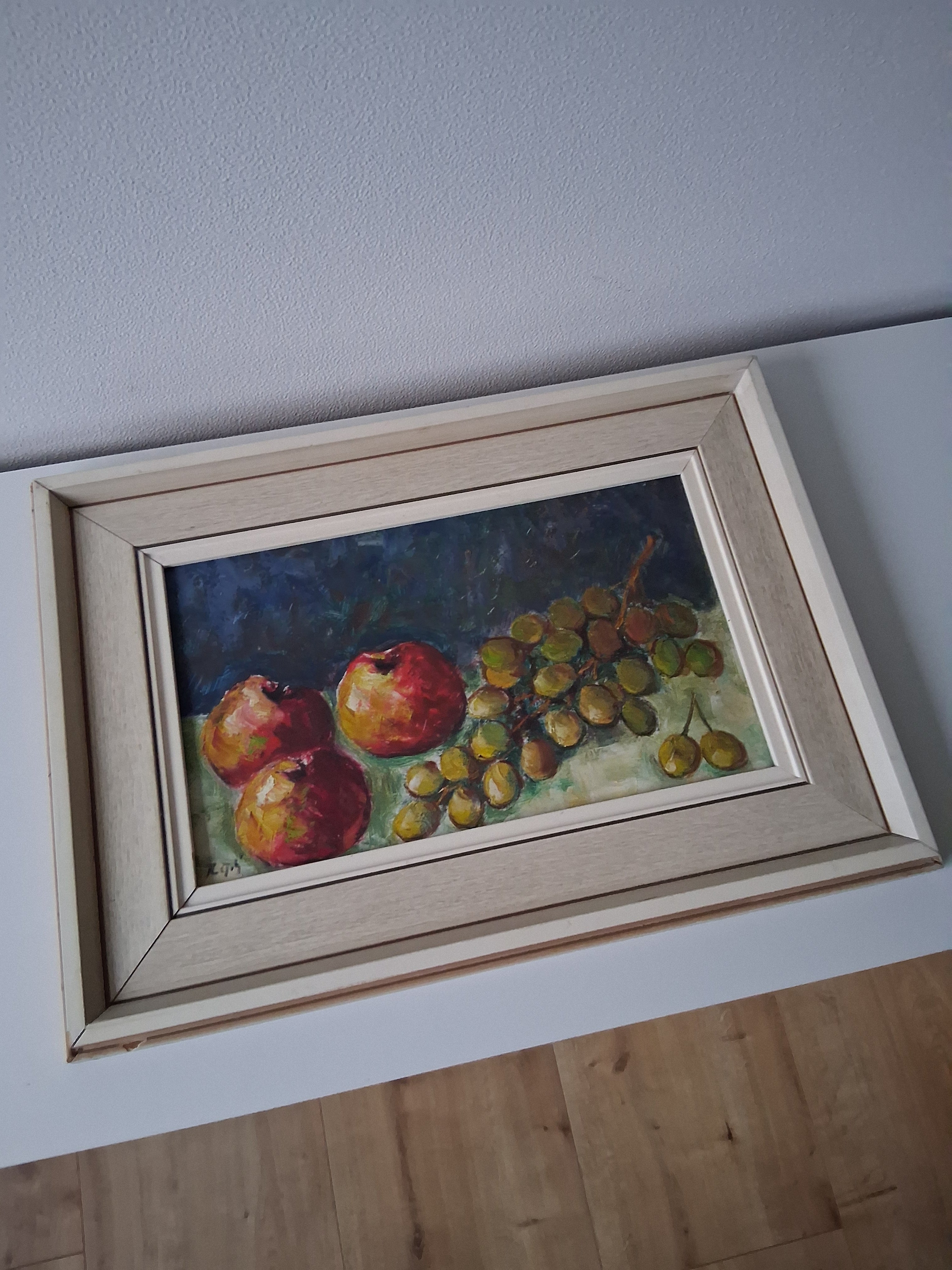 ORIGINAL Ölgemälde auf Karton inkl. Rahmen | Stillleben / Obst / Apfel / Weintrauben | Signiert